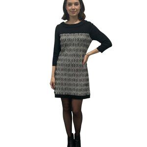 Joseph Ribkoff Geometric Mod Shift Dress Black White Knit ¾ Sleeve Mini Size 8